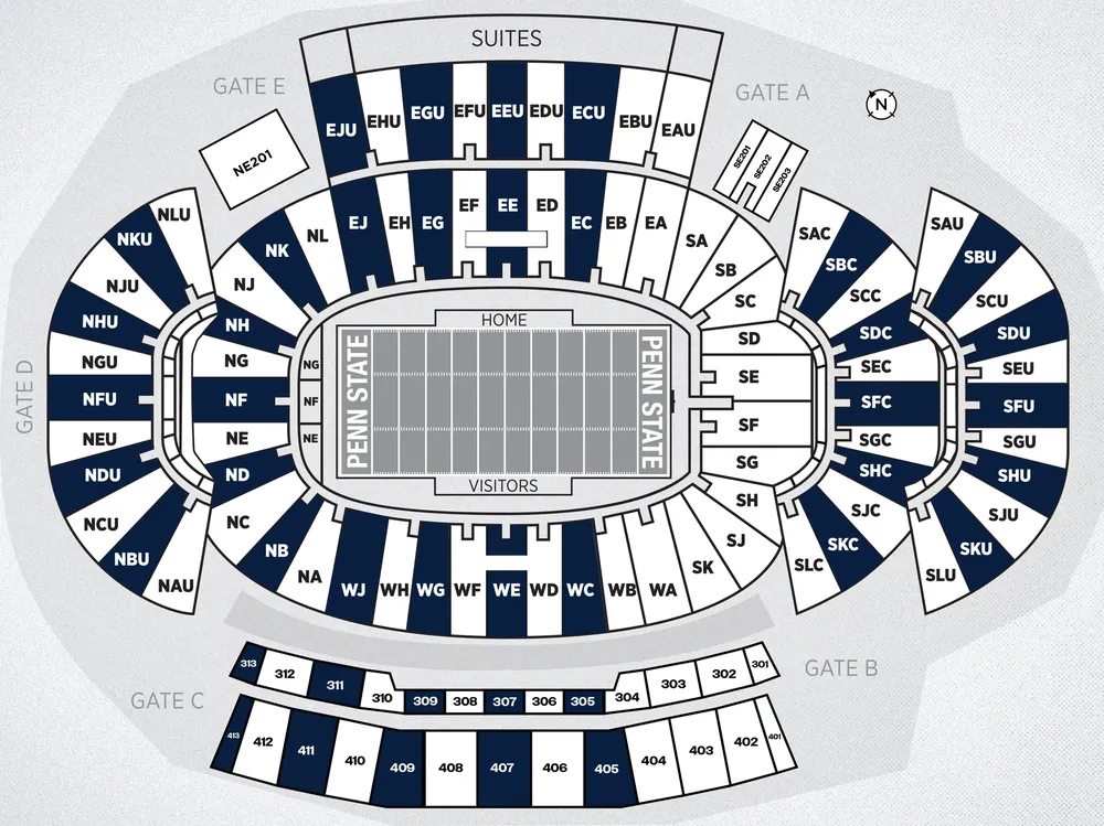 Beaver Stadium seating map for the 2026 Stripe Out, each section shaded navy or white